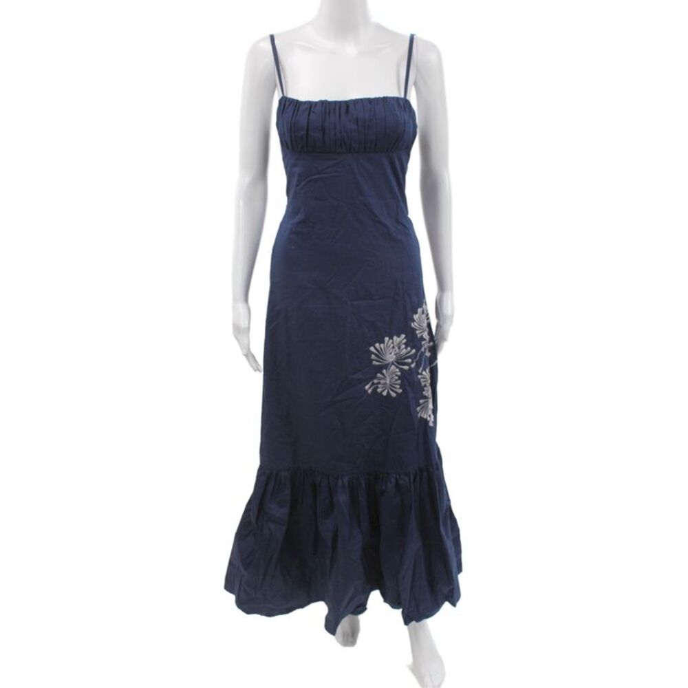 Lusana Women Maxi Blue Floral Square Neck Mid-Calf Sleeveless Dress Size M